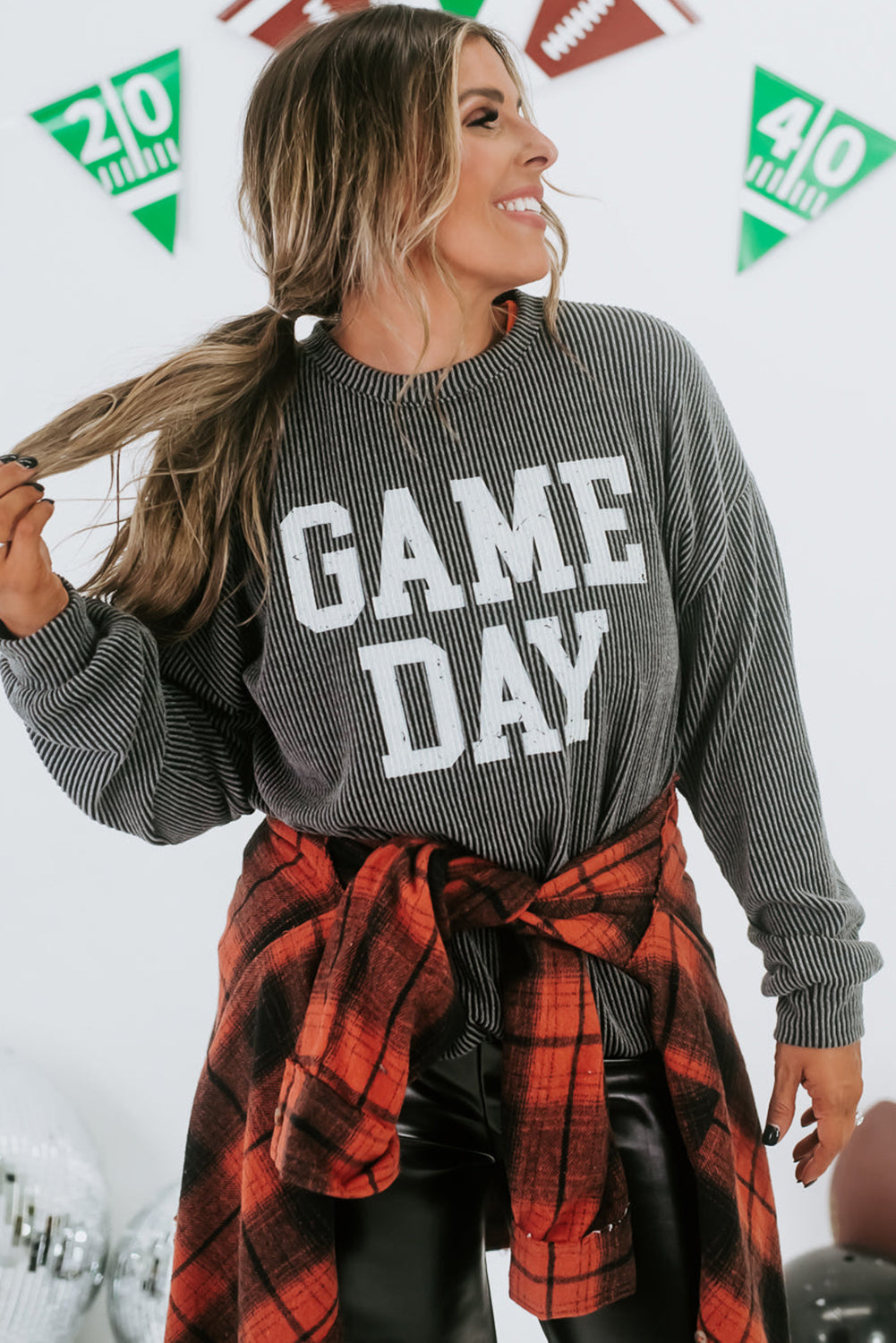 Corded Game Day Graphic Long Sleeve Crewneck Top | Dark Grey