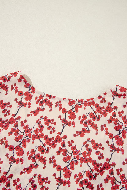 Floral Print Long Sleeve Open Back Blouse | Red