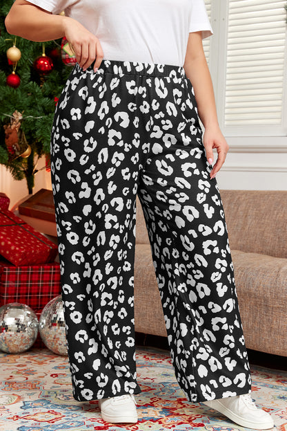 Print Wide Leg Pockets Plus Size Pants | Leopard