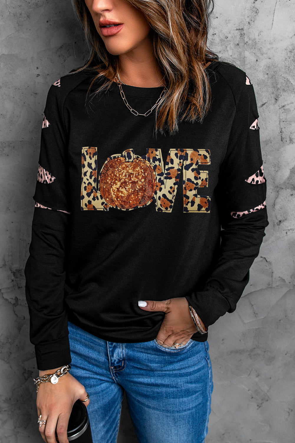 Love Sequin Pumpkin Leopard Print Cut Out Sleeve Sweatshirt | Black