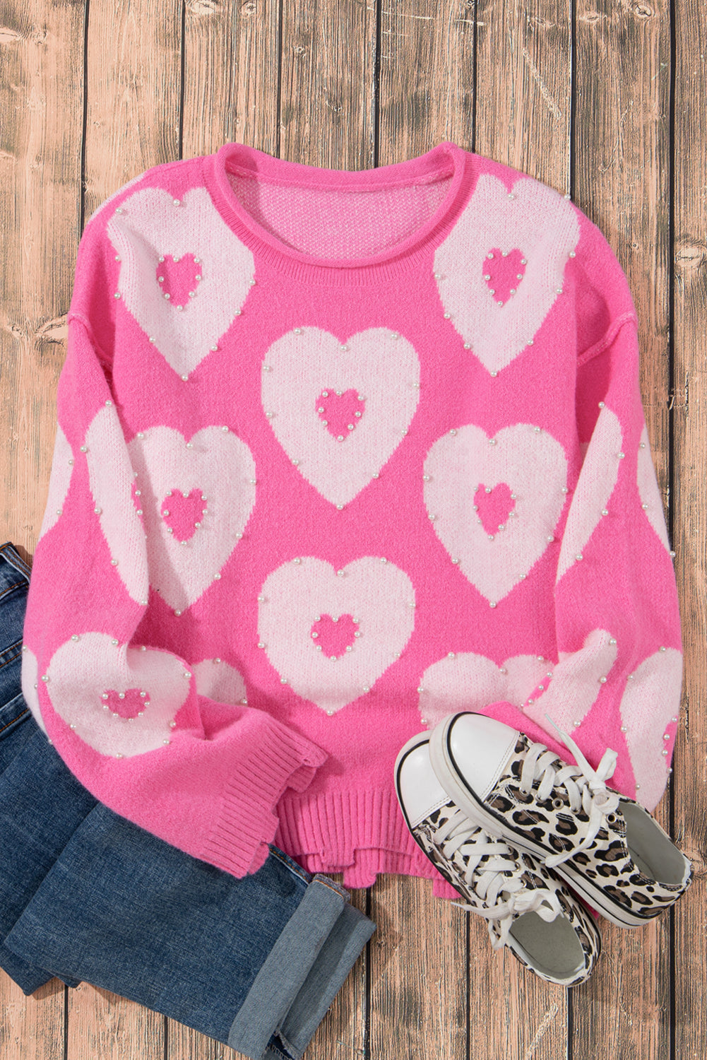 Pearl Beaded Heart Drop Shoulder Sweater | Bonbon