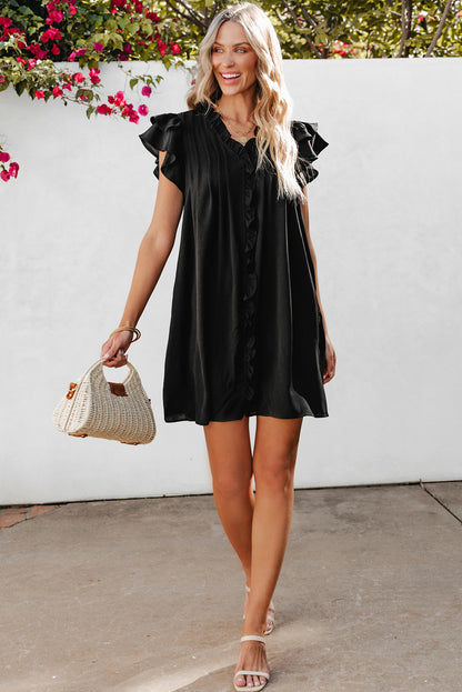 Ruffle Sleeve V Neck Frilled Shift Dress | Black