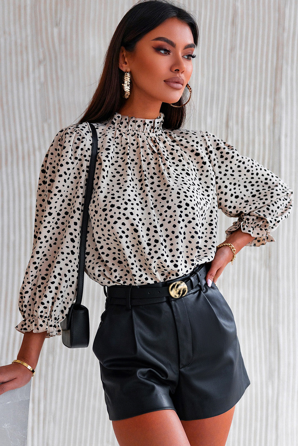 Frilled Neck 3/4 Sleeves Cheetah Blouse | Khaki