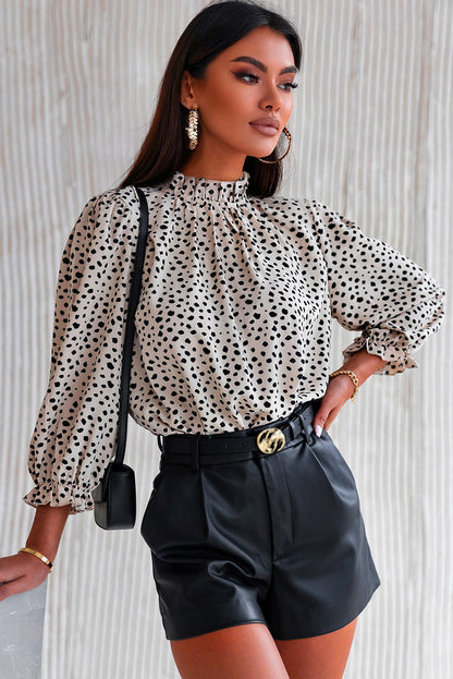 Frilled Neck 3/4 Sleeves Cheetah Blouse | Khaki