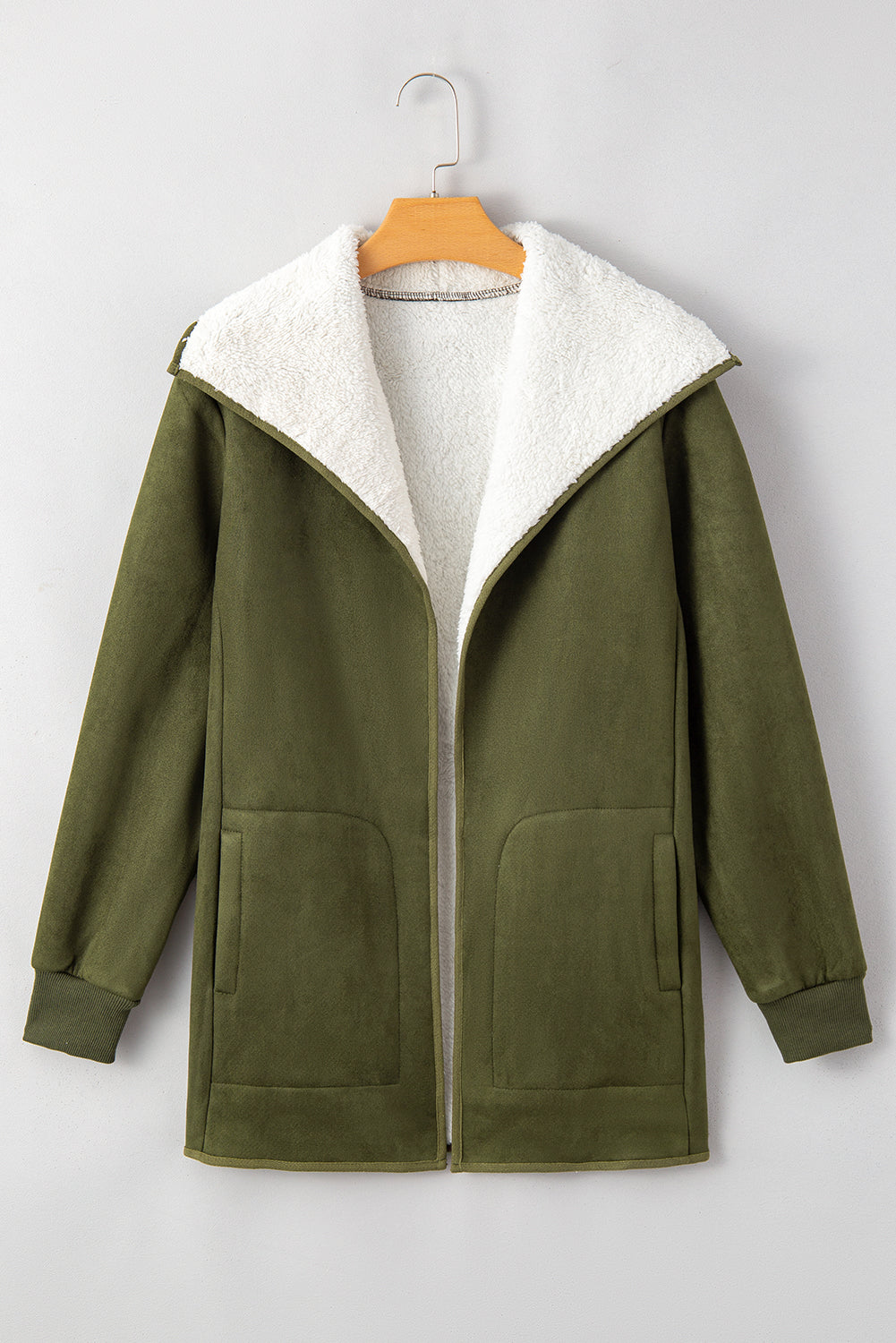 Faux Suede Fleece Lined Open Front Jacket | Green