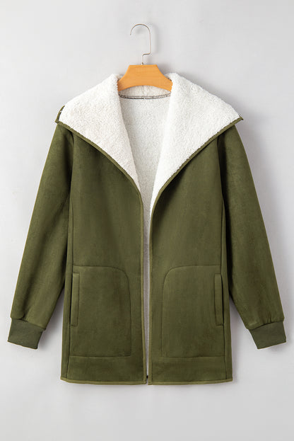 Faux Suede Fleece Lined Open Front Jacket | Green