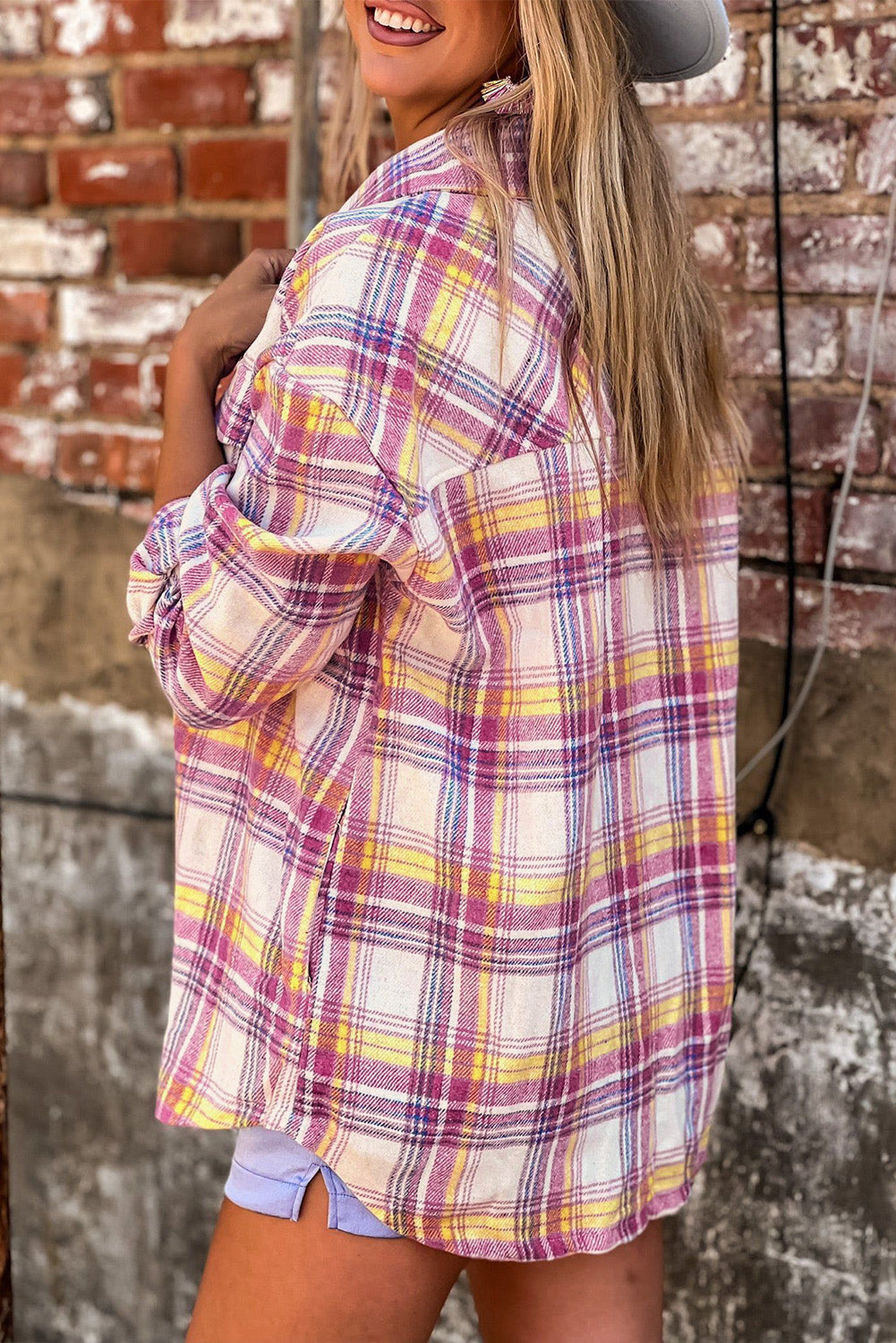 Fiery  Plaid Print Rounded Hem Shirt Jacket | Red