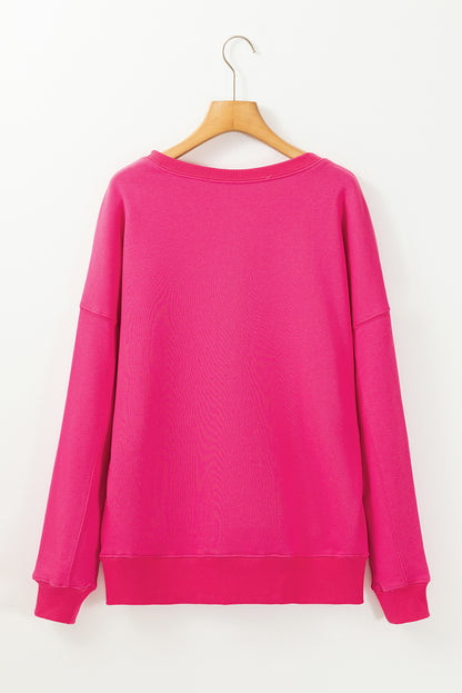 Drop Shoulder Crisscross Stitching Pocketed Loose Sweatshirt | Rose Red