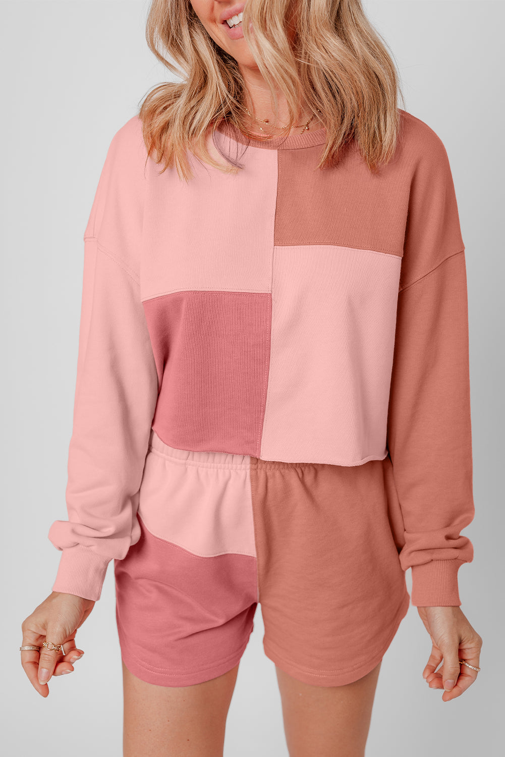 Colourblock Patchwork Long Sleeve Shorts Outfit | Peach Blossom