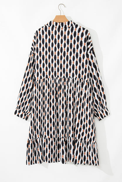 Geometric Print Collared V Neck Plus Size Mini Dress | Apricot