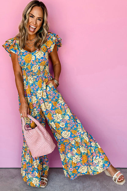 Floral Allover Print Shirred Cut Out High Waist Jumpsuit | Yellow