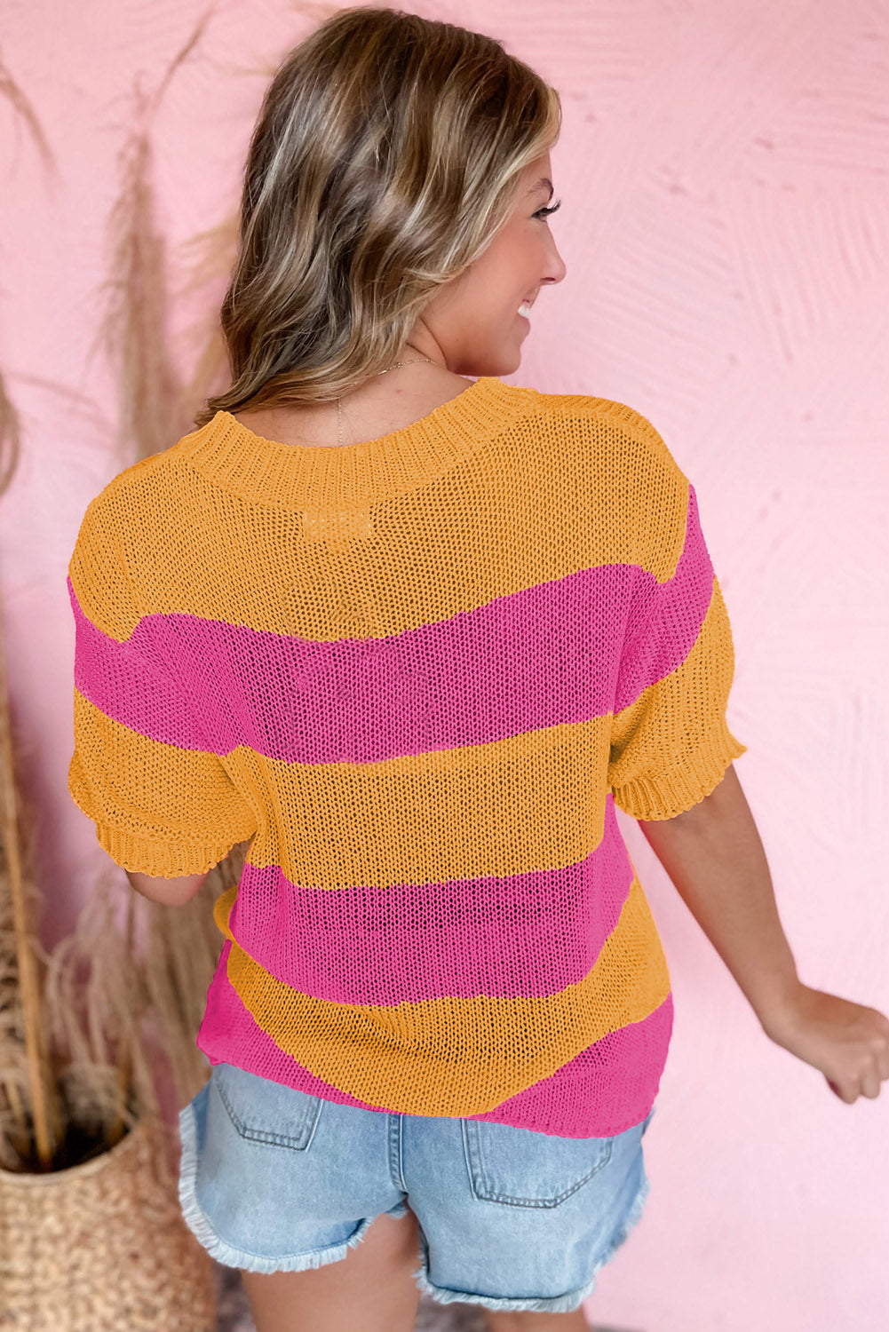 Colour Block Knitted T-Shirt Sweater | Orange Stripe