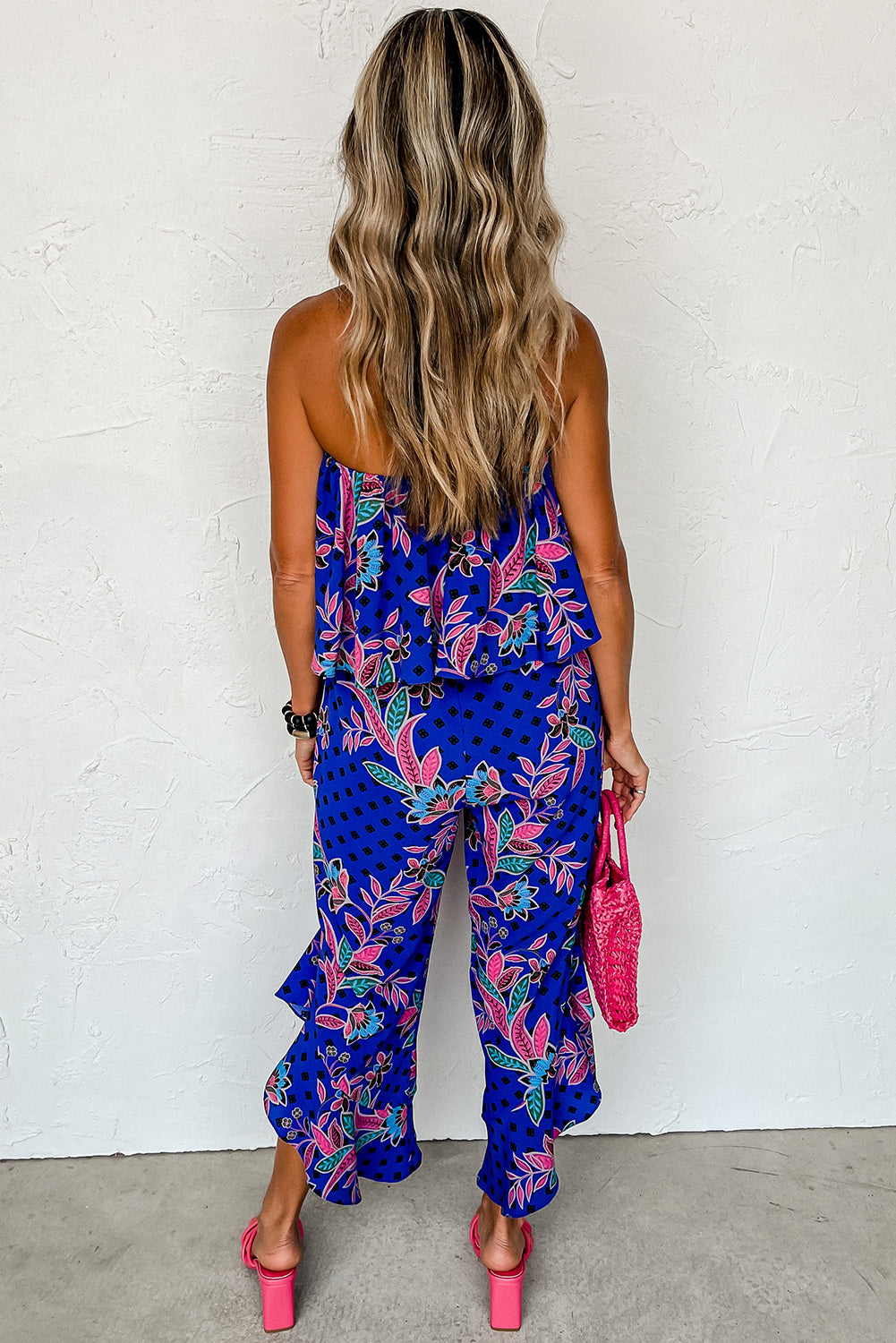 Mix Tropical Print Strapless Ruffled Jumpsuit | Blue