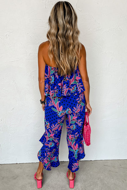 Mix Tropical Print Strapless Ruffled Jumpsuit | Blue