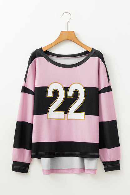 Colour Block Number 22 Print Game Day Loose Long Sleeve Top | Pink Stripe