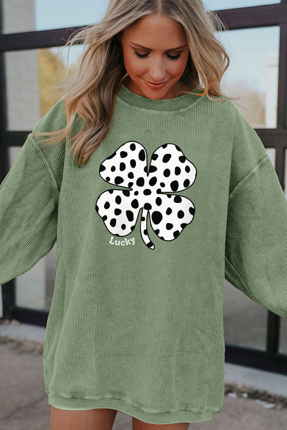 Western Cow Clover Print Crewneck Corded Sweatshirt | Grass Green