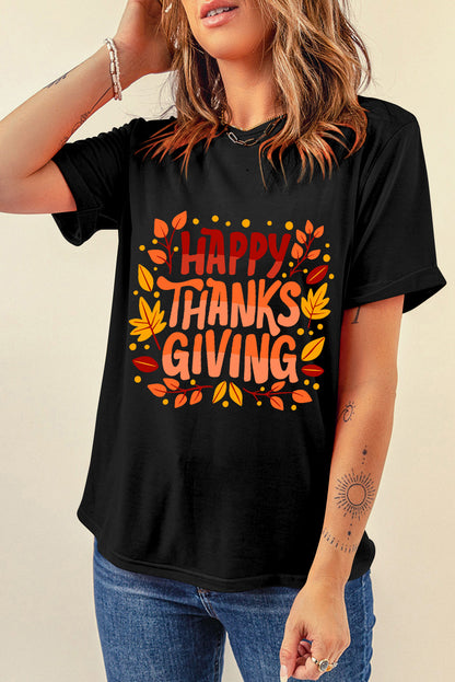 Happy Thanksgiving Leaves Print Crew Neck T Shirt | Black