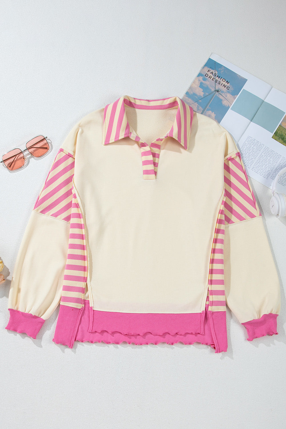 Colourblock Patchwork Collared French Terry Knit Top | Pink Stripe