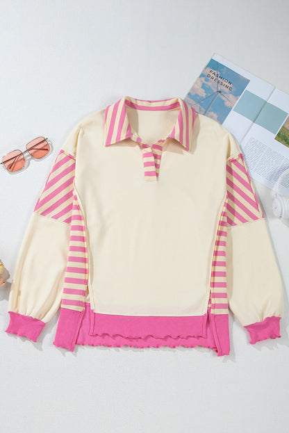 Colourblock Patchwork Collared French Terry Knit Top | Pink Stripe