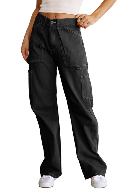 High Waist Straight Leg Cargo Pants With Pockets | Black