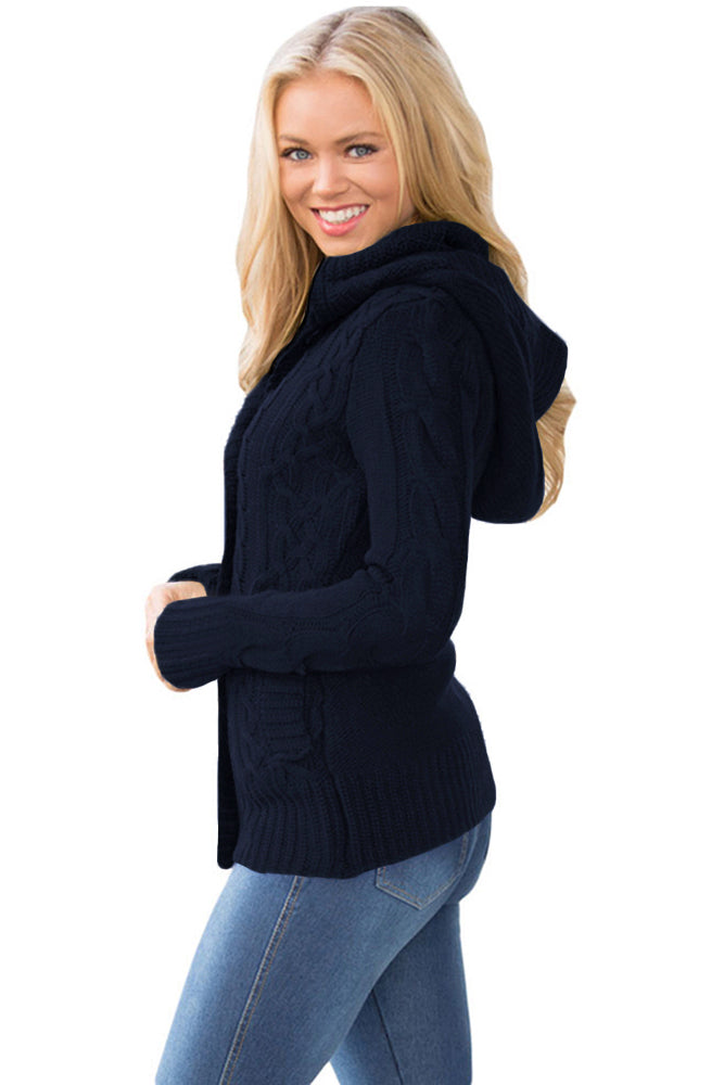 Long Sleeve Button-Up Hooded Cardigans | Navy Blue