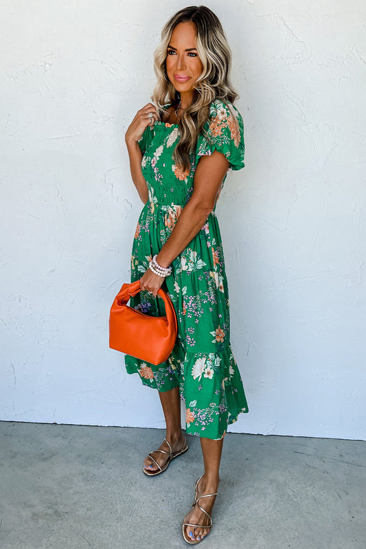 Floral Print Bubble Sleeve Smocked Tiered Midi Dress | Green