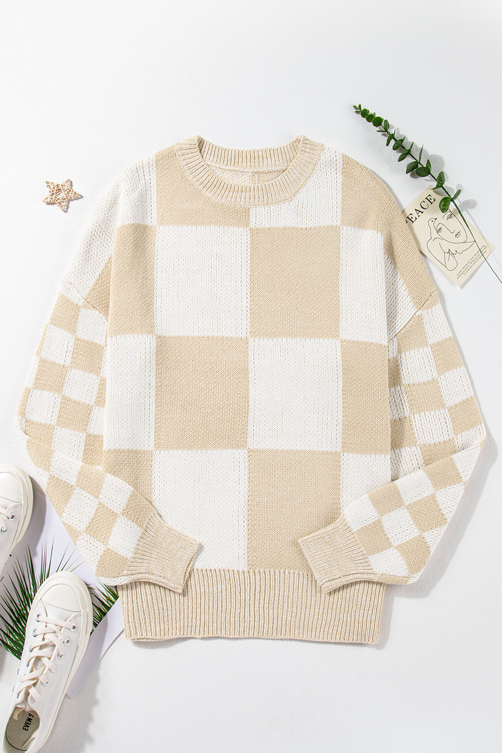 Checkered Print Drop Shoulder Sweater | Flaxen