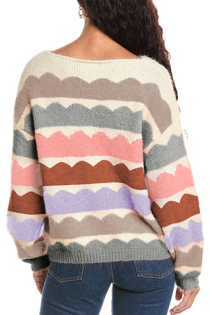 Wave Striped Balloon Sleeve Drop Shoulder Sweater | Gray