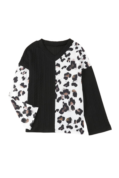 Asymmetric Leopard Patchwork Wide Sleeve V Neck Sweater | Black