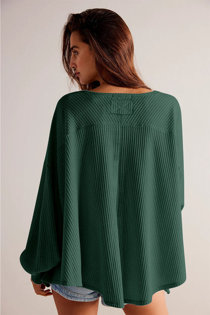 Waffle V Neck Long Sleeve Drop Shoulder Loose Blouse | Blackish Green