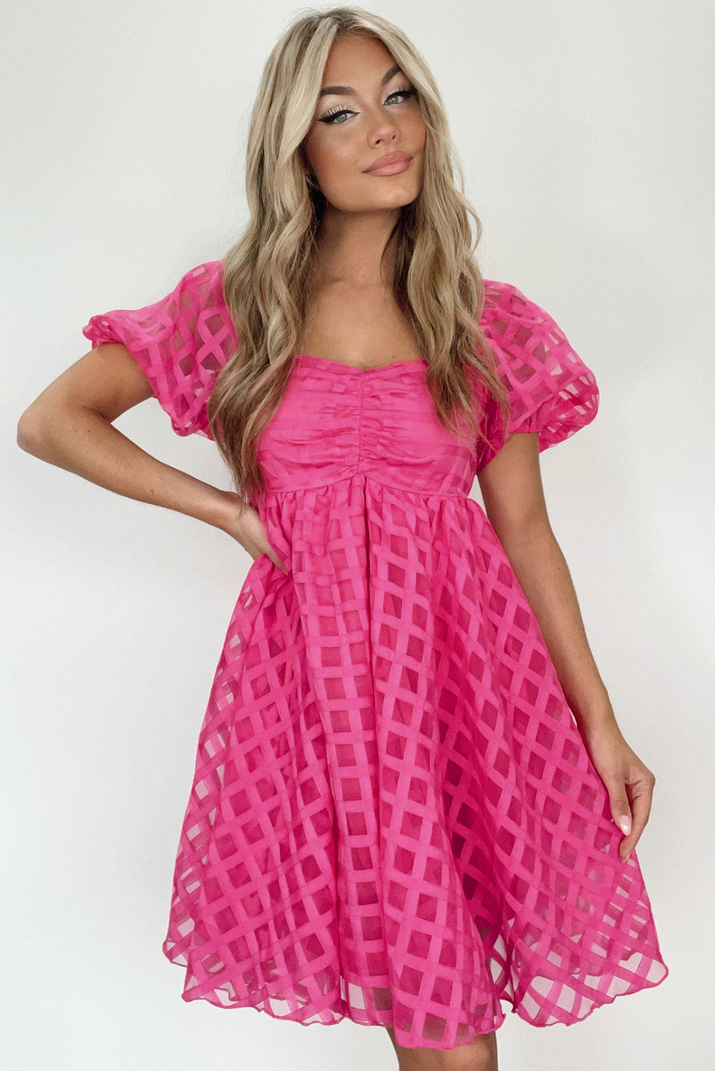 Checkered Puff Sleeve Babydoll Dress | Strawberry Pink