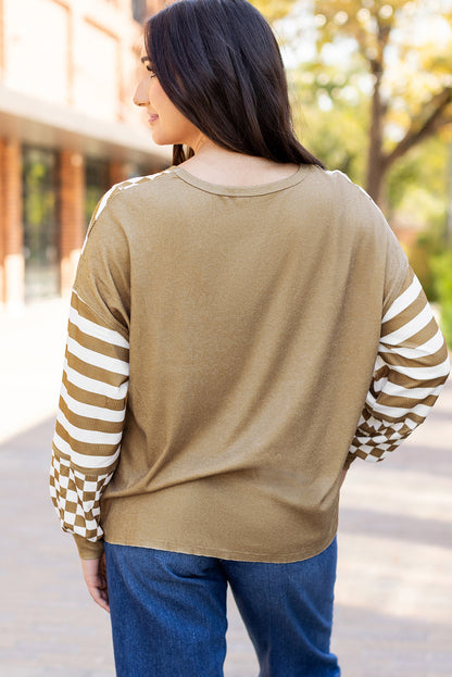 Checkerboard Striped Patchwork Lantern Sleeve Pocketed Blouse | Khaki