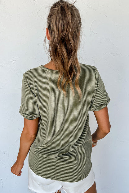 Twist Short Sleeve Corded V Neck Top | Laurel Green