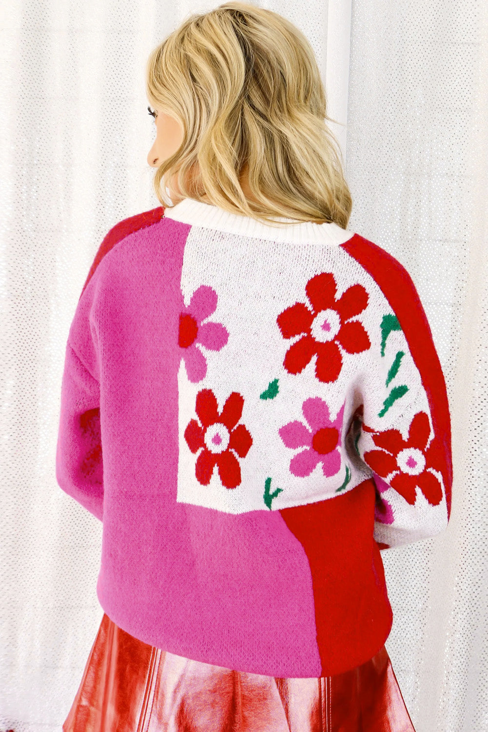 Floral Mixed Colour Block Sweater | Rose Red