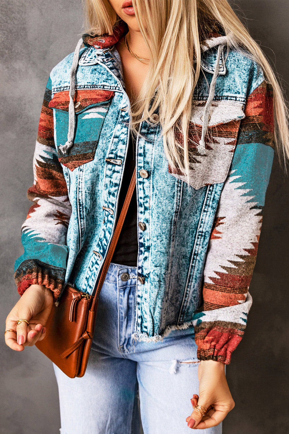 Aztec Print Frayed Hem Denim Jacket | Multicolour