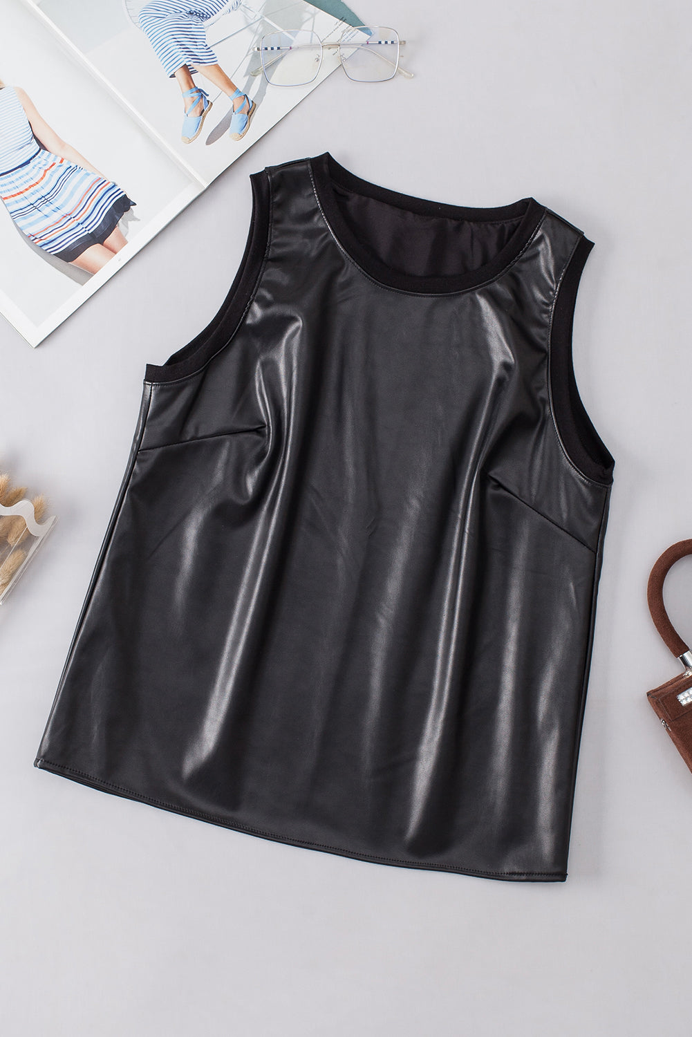 Faux Leather Crew Neck Tank Top | Black