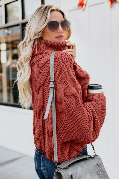 Fiery  Cuddle Weather Cable Knit Handmade Turtleneck Sweater | Red