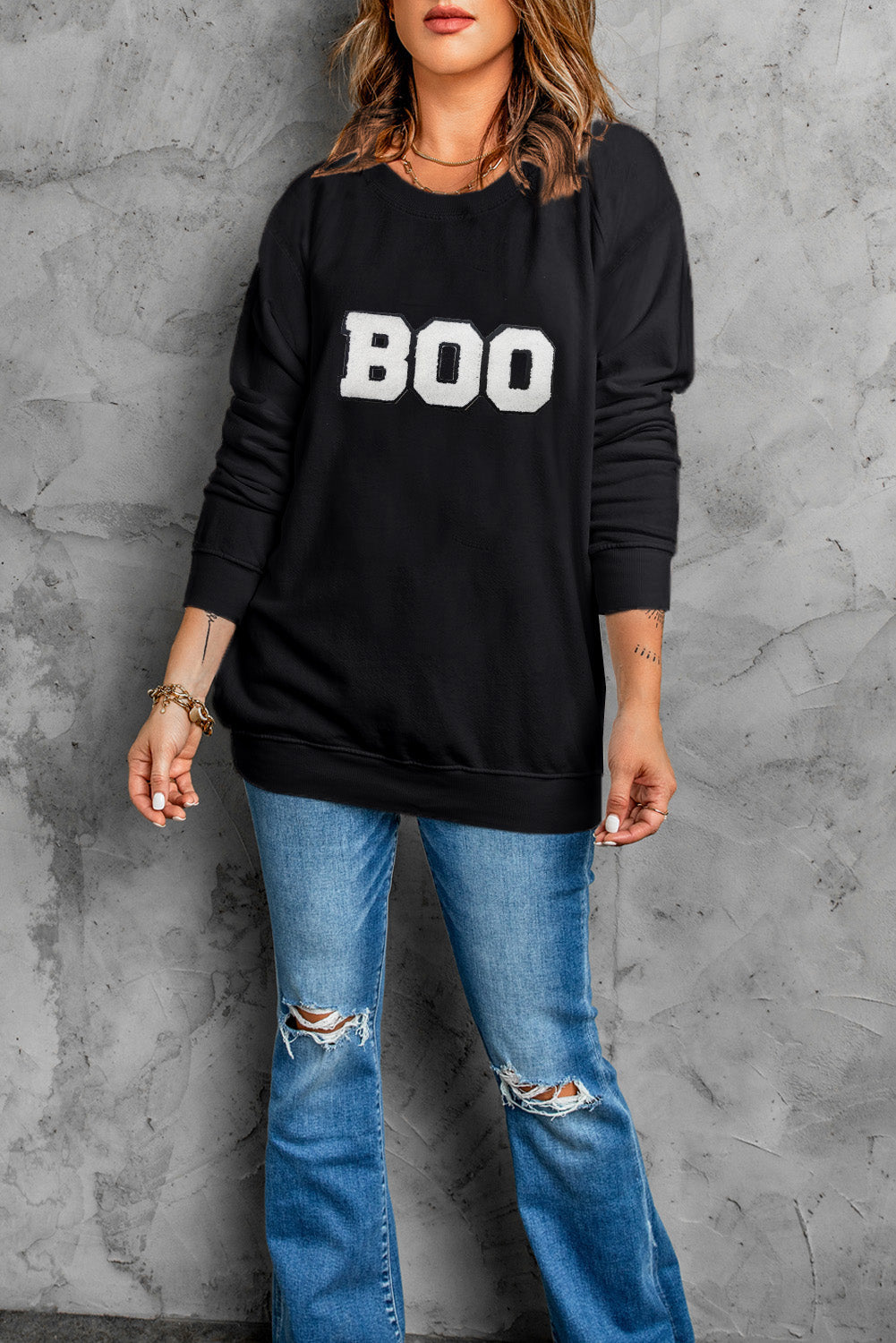 Chenille Boo Patched Pattern Crewneck Halloween Sweatshirt | Black