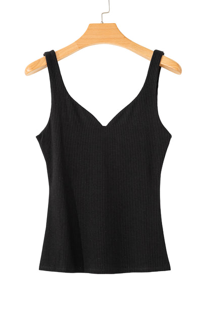 Sexy V Neck Ribbed Knit Sleeveless Top | Black