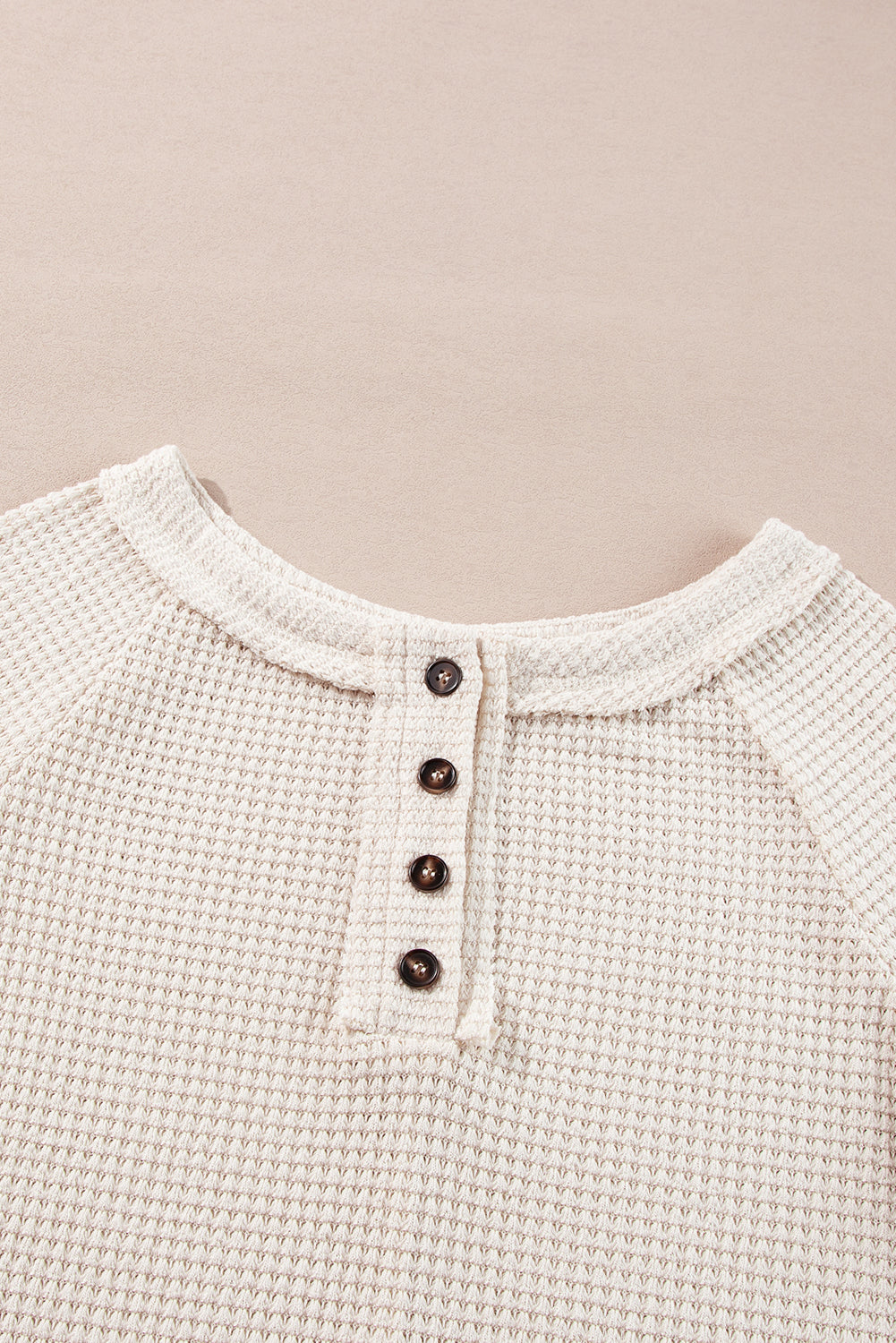 Waffle Knit Buttoned Front Raglan Sleeve Loose Blouse | Oatmeal