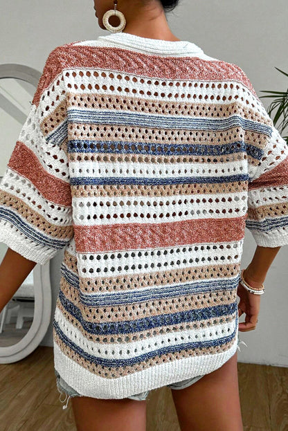 Striped Hollow Out Half Sleeve Knitted Sweater | Multicolour