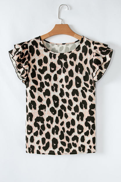 Leopard Print Layered Ruffled Short Sleeve Blouse | Khaki