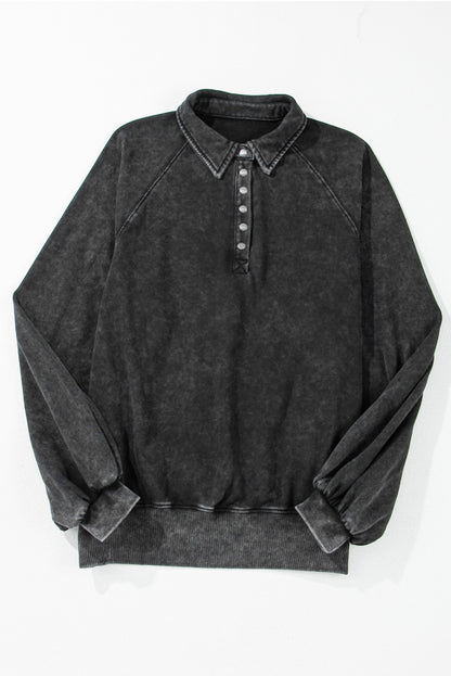 Solid Snap Buttons Collared Balloon Sleeve Oversized Sweatshirt | Black