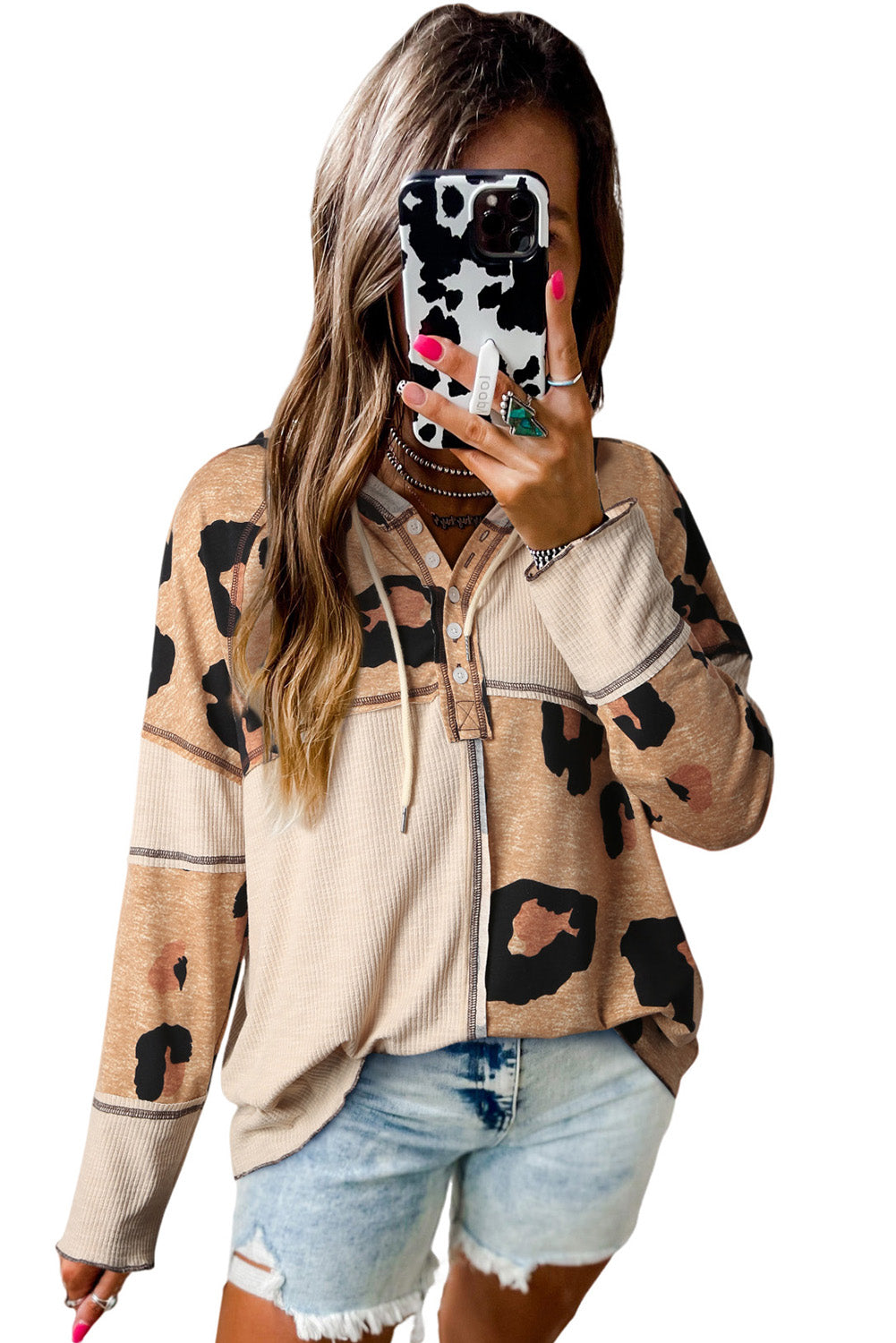 Exposed Seam Ribbed Patchwork Long Sleeve Top | Leopard Print