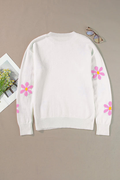 Flower Pattern Ribbed Edge Elegant Sweater | White