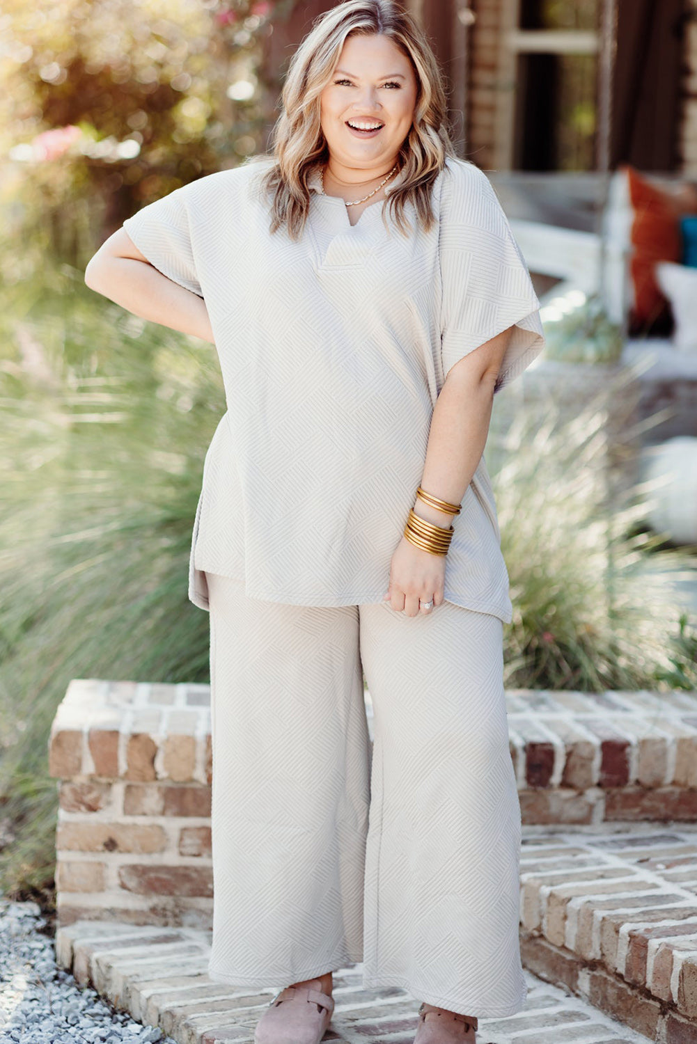 Plus Size Textured Collared Top And Pants Set | Beige