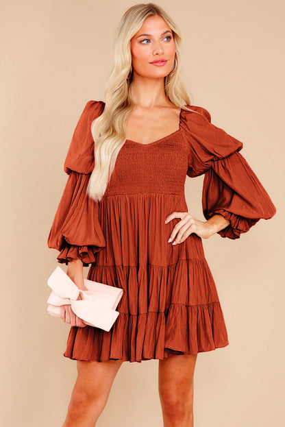 Boho Solid Shirred Ruffle Mini Dress | Brown