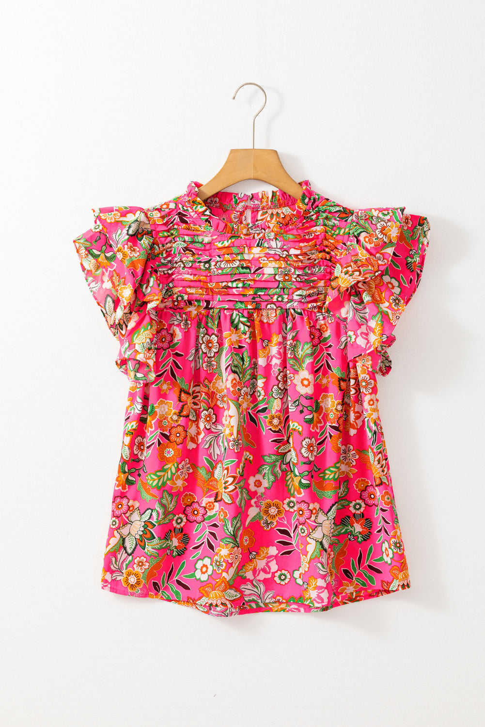 Floral Print Pleated Ruffled Sleeve Summer Blouse | Rose