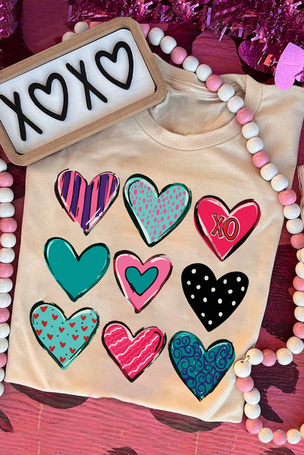 Khaki Valentines Multi Pattern Heart Shape Graphic T Shirt