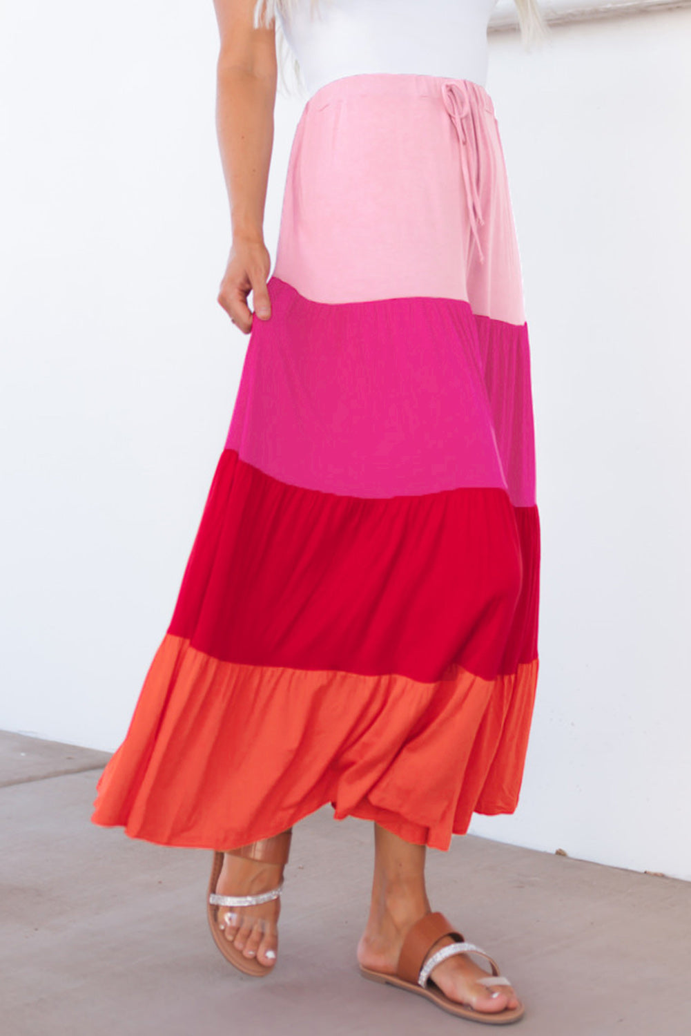 Colour Block Tiered Drawstring High Waist Maxi Skirt | Pink